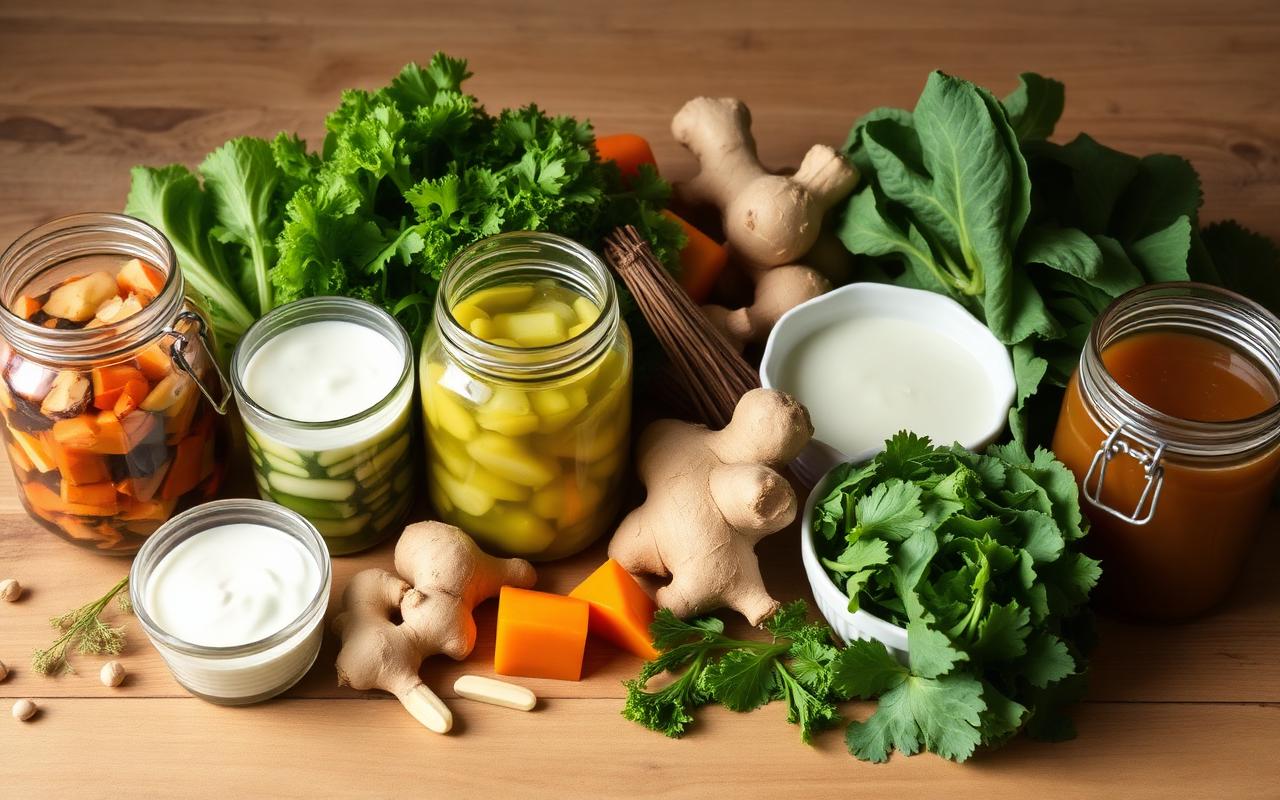 Gut-friendly foods including fermented vegetables, ginger, leafy greens and bone broth