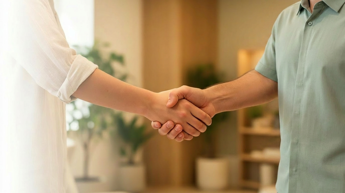 Healthcare partners shaking hands in a bright clinic