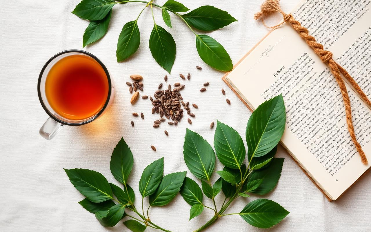Calm naturopathic flat lay with herbal tea, leaves, seeds and a journal
