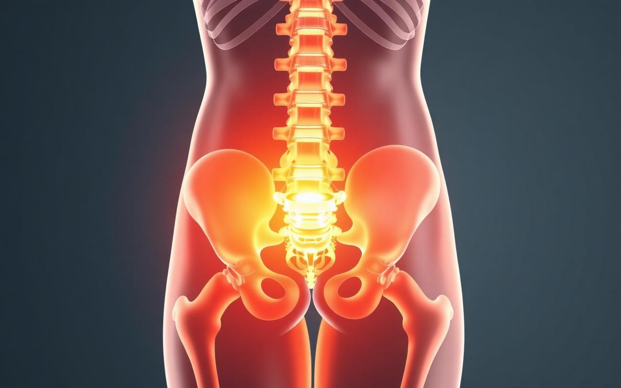 Anatomical illustration of the lumbar spine and sciatic nerve pathway